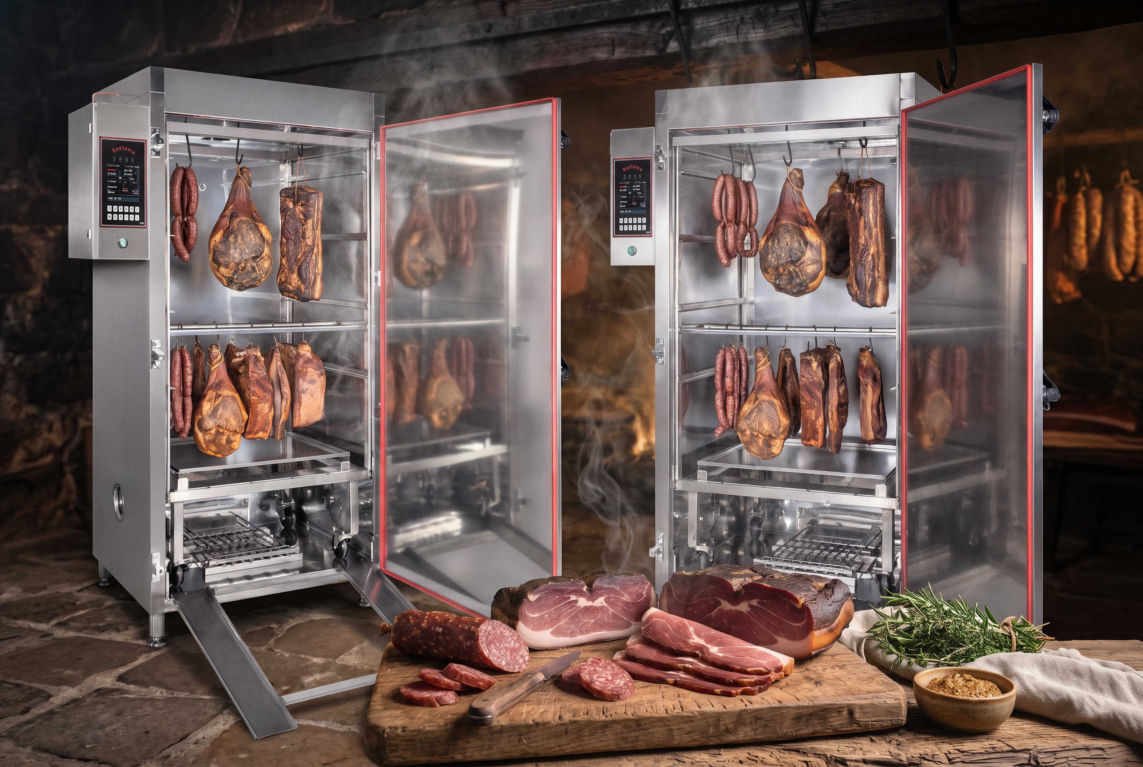 Zwei Beelonia Räucheröfen, gefüllt mit Schinken, Speck und Wurst — davor ein Brett mit geräucherter Ware